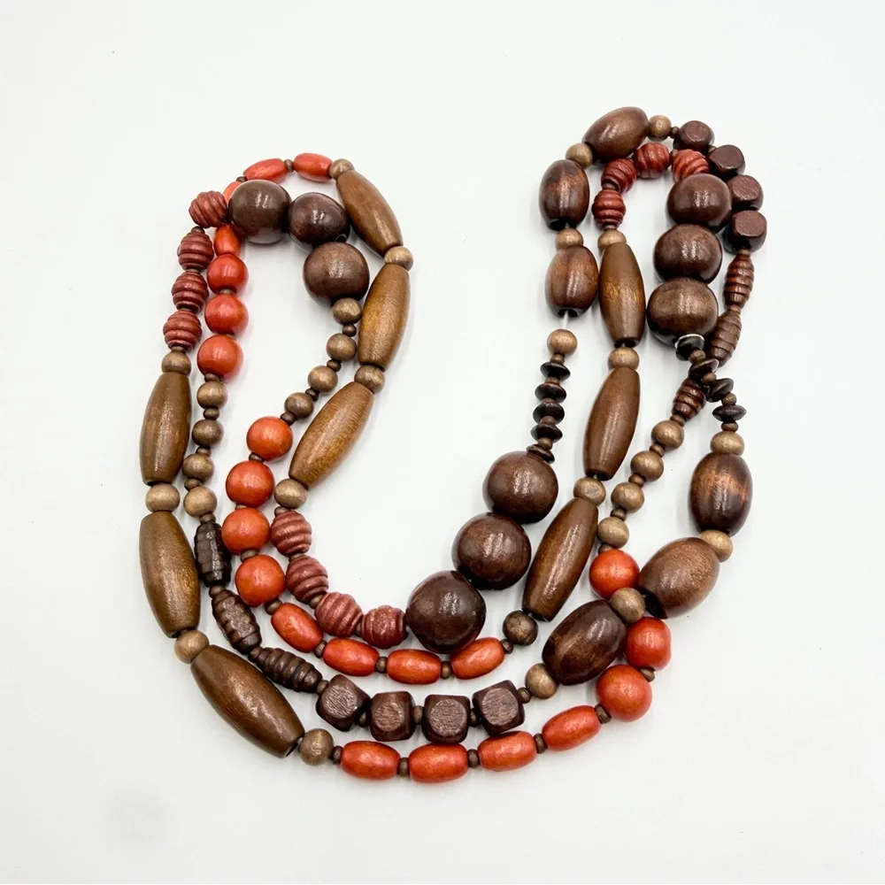 Vintage Wooden Beaded Necklace Brown Red Long Boho Statement Necklace - Picture 4 of 7
